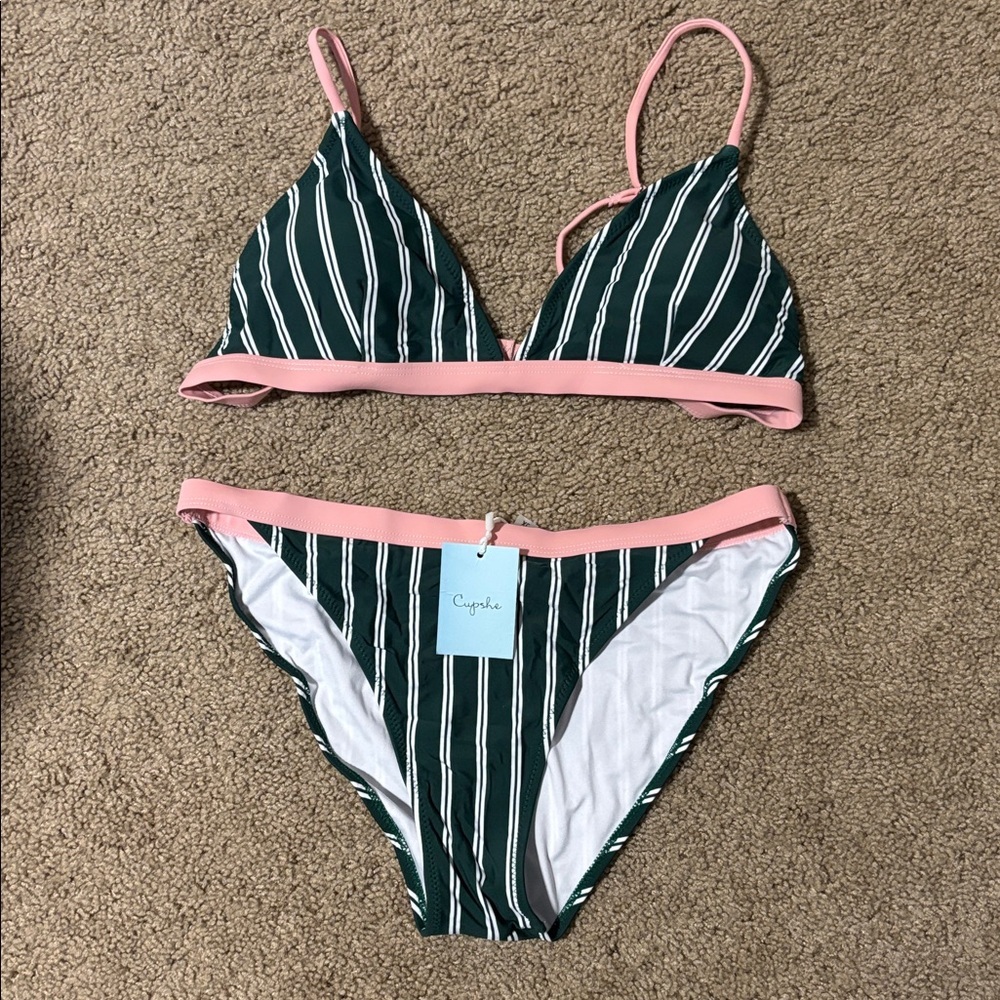 Cupshe Green & Pink White Stripe Bikini, NWT
